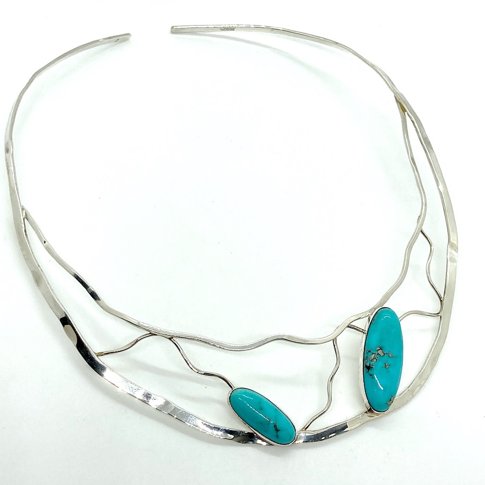 Vtg 925 Sterling Silver & Turqouise Cabochon Abstract Vines Bib Collar Choker